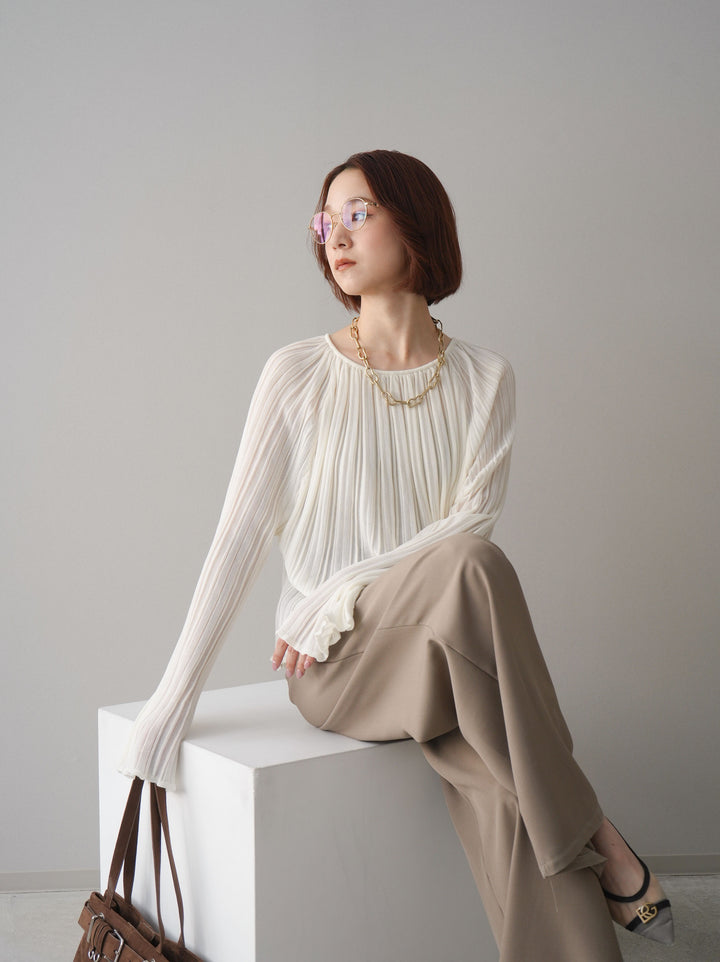 [SET]プリーツシアーフレアスリーブニットトップス+ベルト付キーホルダーモチーフワイドパンツ(2set)