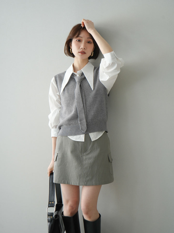 【套裝】蝴蝶結針織背心套裝襯衫+繫帶工裝迷你裙（兩件組）