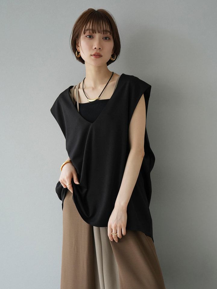 [SET] Bicolor layered design cami dress + V-neck over punch vest (2set)
