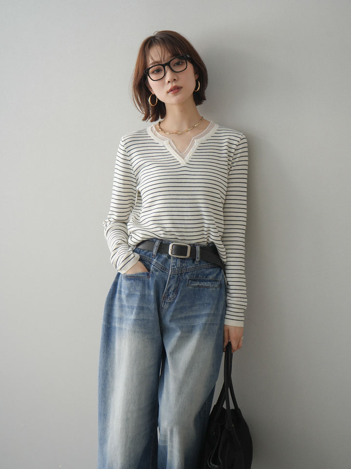 [SET]チュールレイヤードデザインボーダーニットトップス+選べるアクセセット(2set)