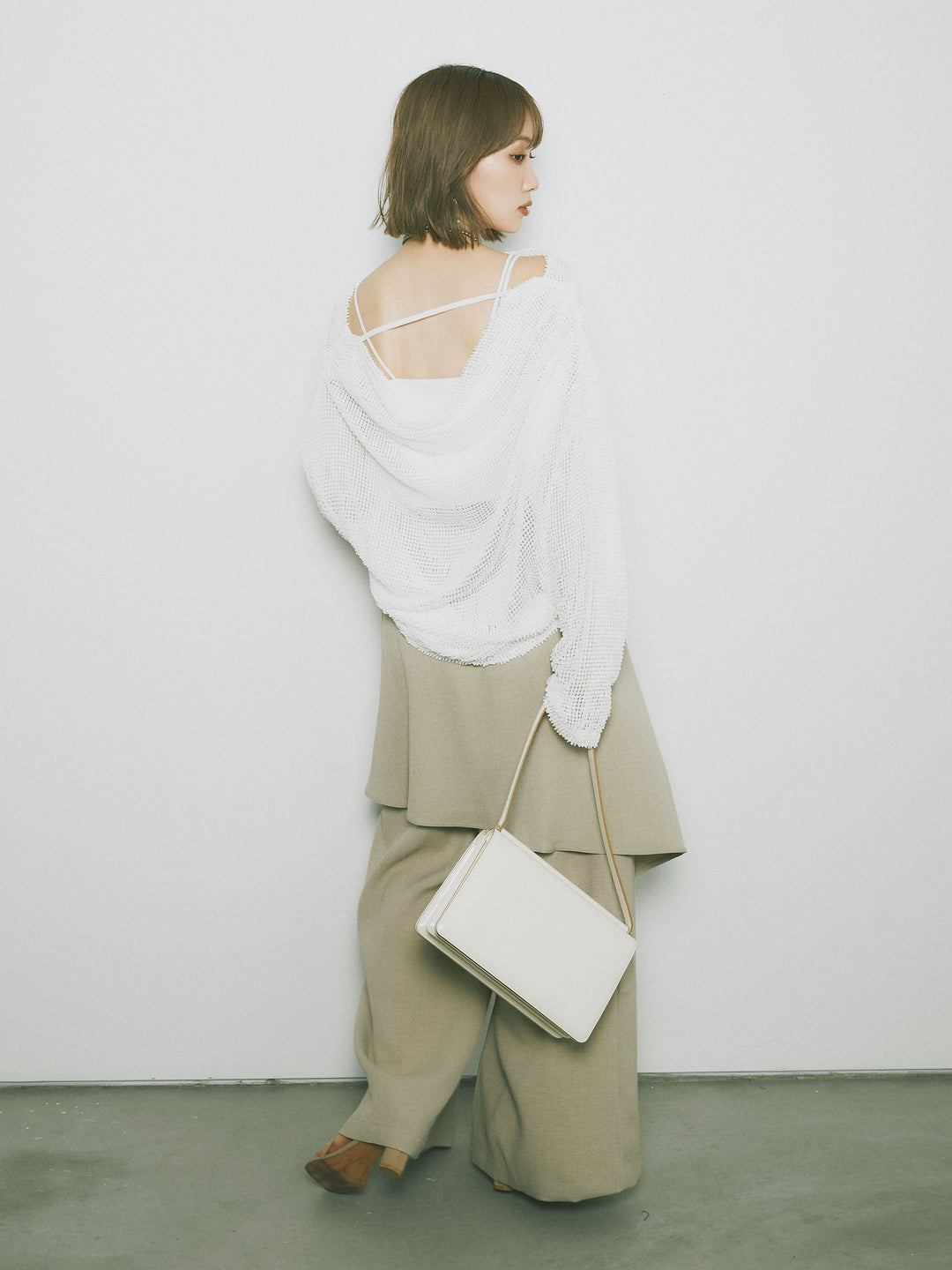 [SET] 後背垂墜網眼套頭衫+亞麻觸感裹身寬褲（2件套）