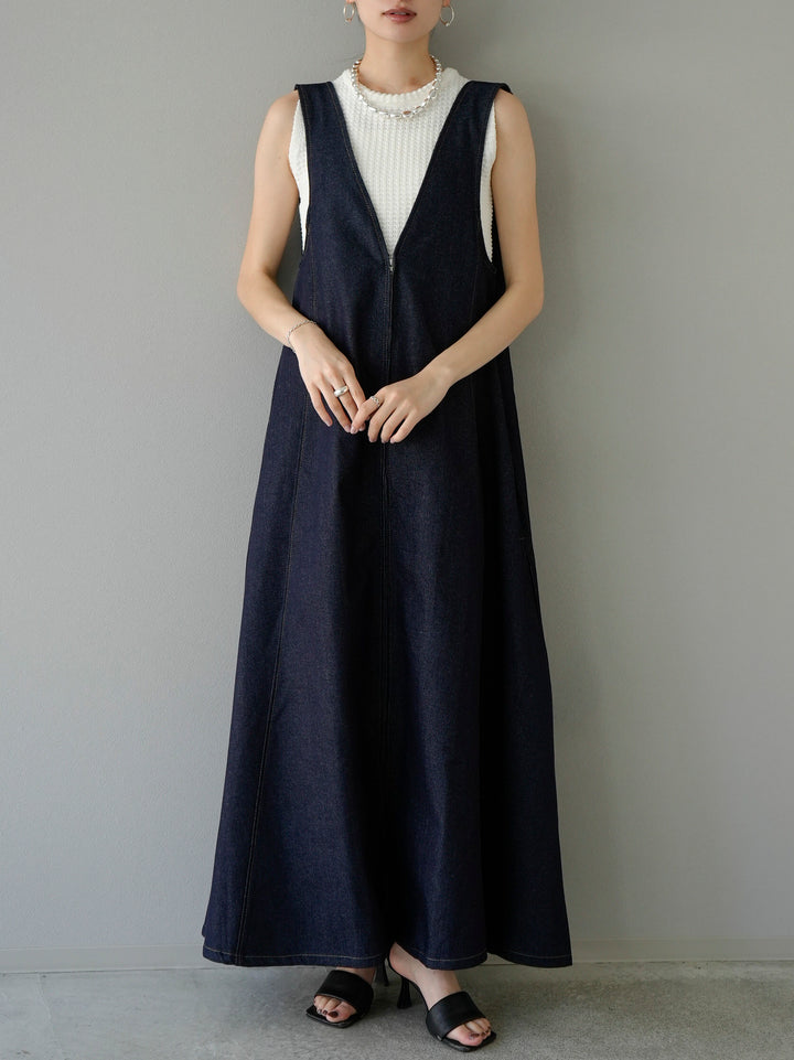 [SET] Pokopoko sleeveless knit top + denim zip flare dress (2set)