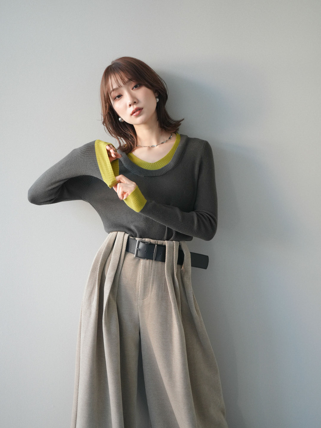 [予約]Uネック配色レイヤードリブニットトップス/gray