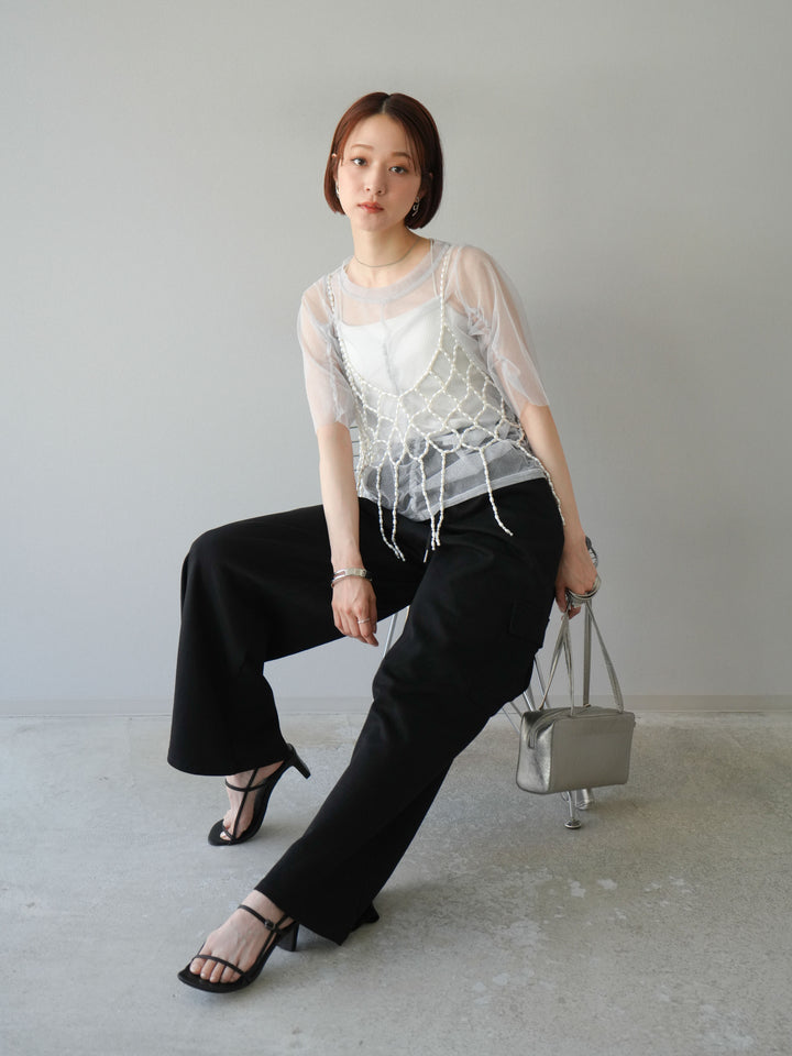 [SET]ラメチュールシャーリングプルオーバー+パールフリンジビスチェ+ウエストラインサイドポケットスウェットパンツ(3set)