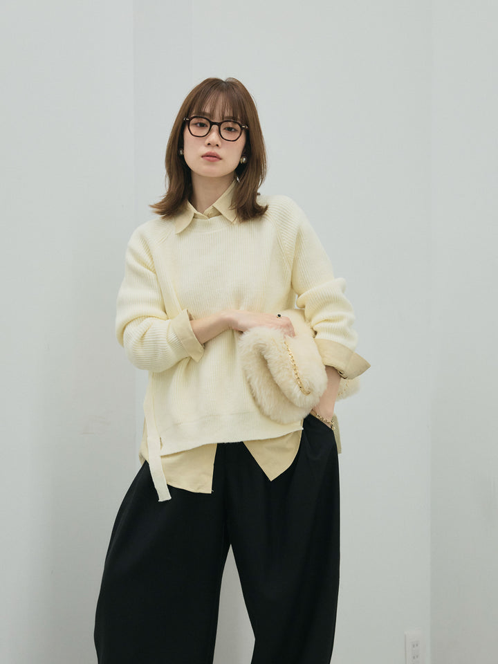 【Allure】[SET]サイドスリット畦編みニットプルオーバーシャツアンサンブル+モックスカルゼサイドタックコクーンパンツ(2set)