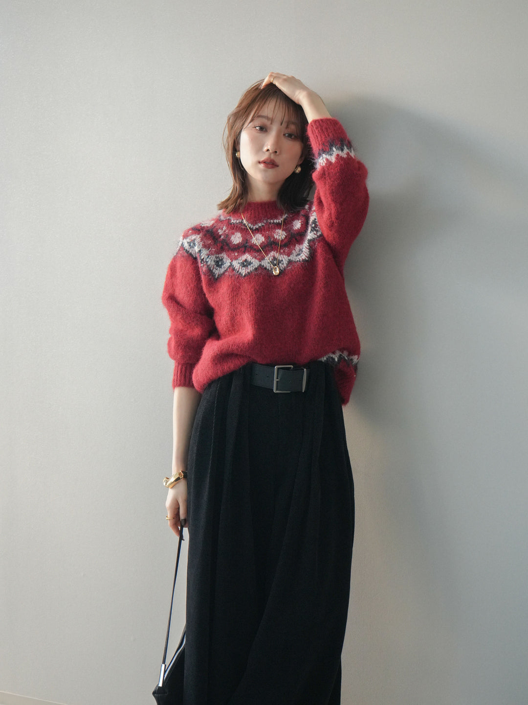 [予約]ソフトタッチ求心柄ニットプルオーバー/red