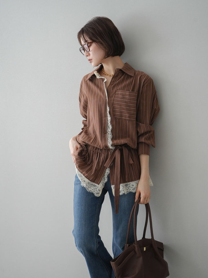 [SET]レース付ストライプウエストギャザーシャツ+フリンジデザインセミフレアデニム(2set)