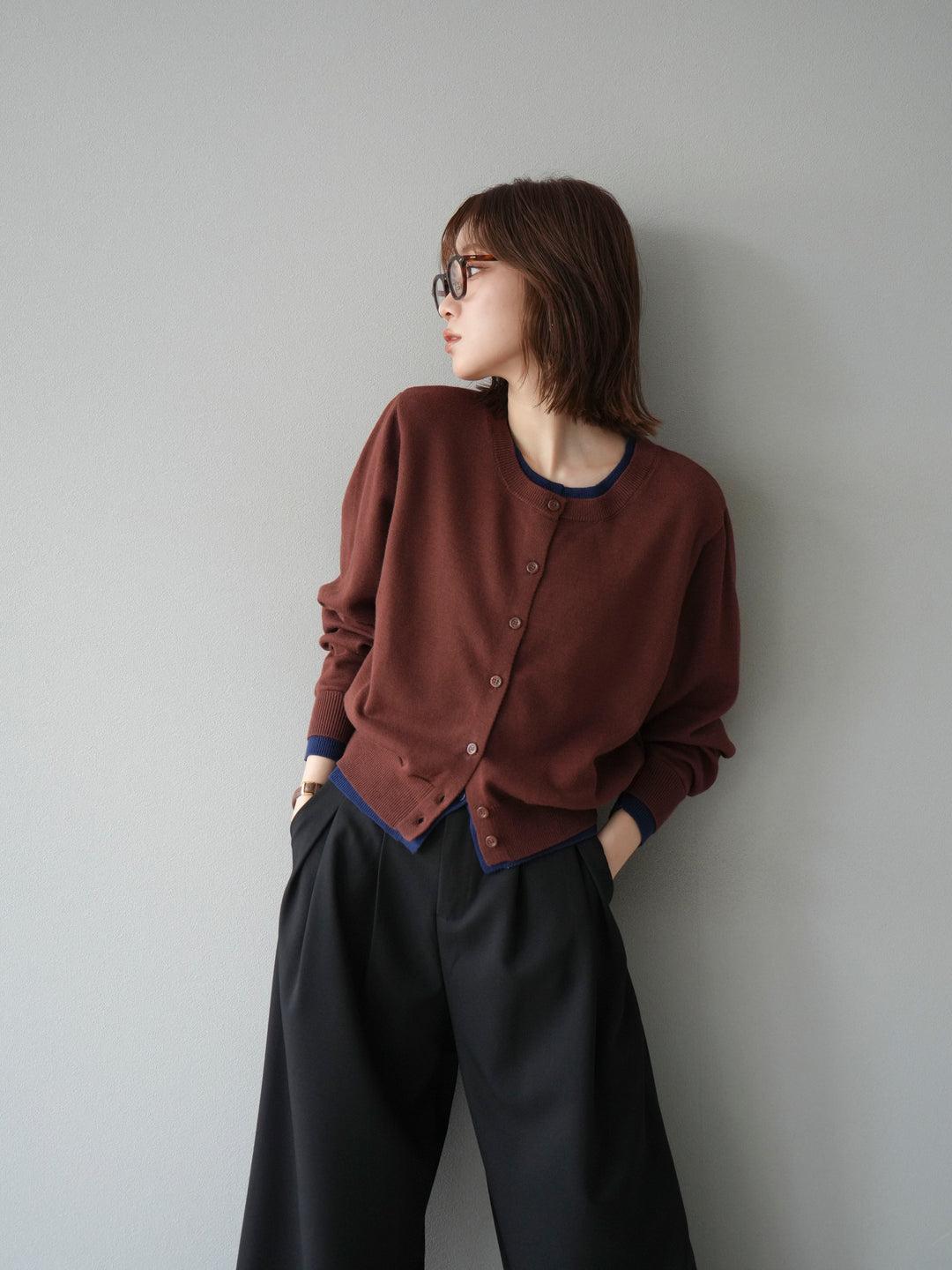 【SET】同色系疊穿開襟衫+雙褶寬褲（2件組）