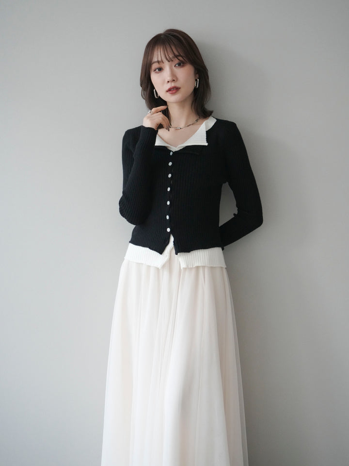 [予約]配色レイヤードリブニットカーディガン/black