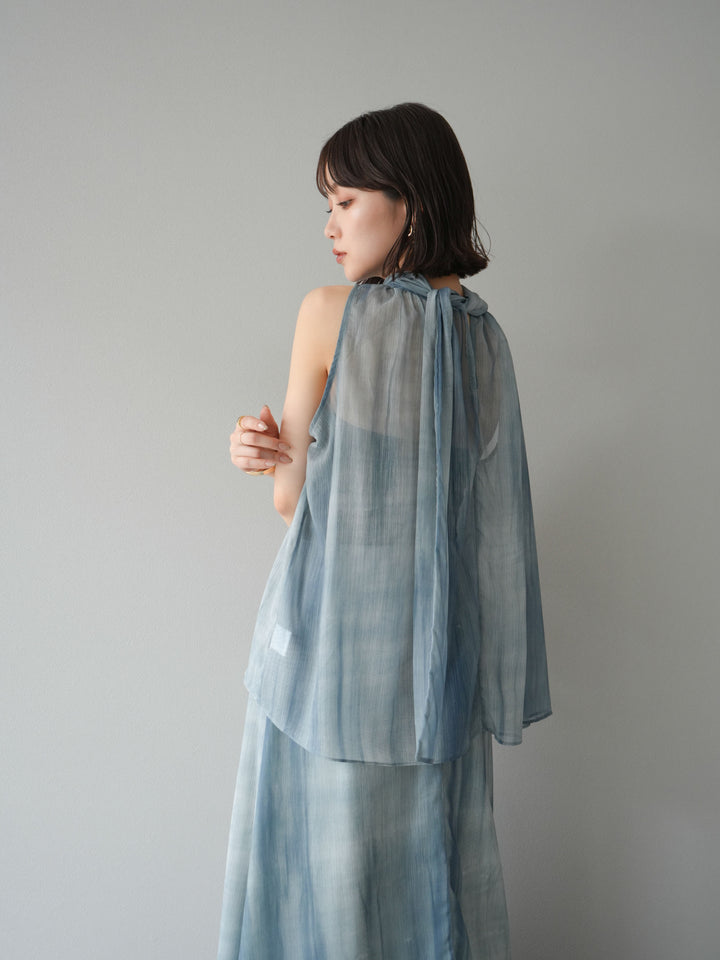 [SET]ニュアンスシアーホルターネックブラウス+ニュアンスシアーフレアスカート(2set)