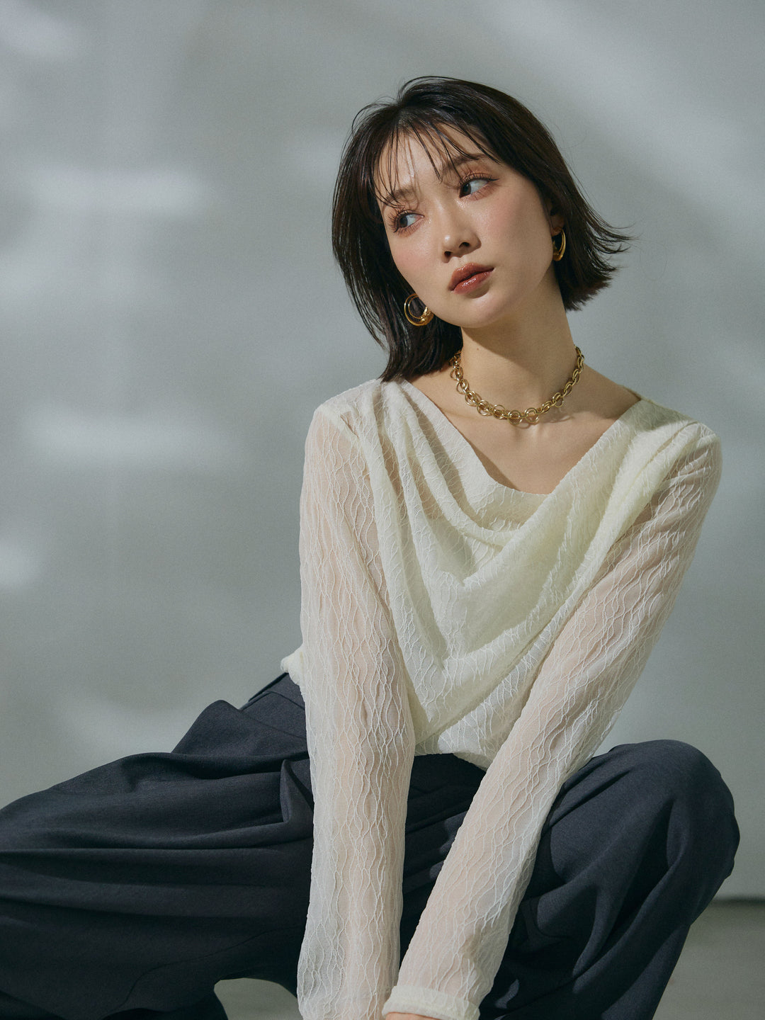 【Allure】[SET]ストレッチレースドレープトップス+アシンメトリーウエストタックパンツ(2set)