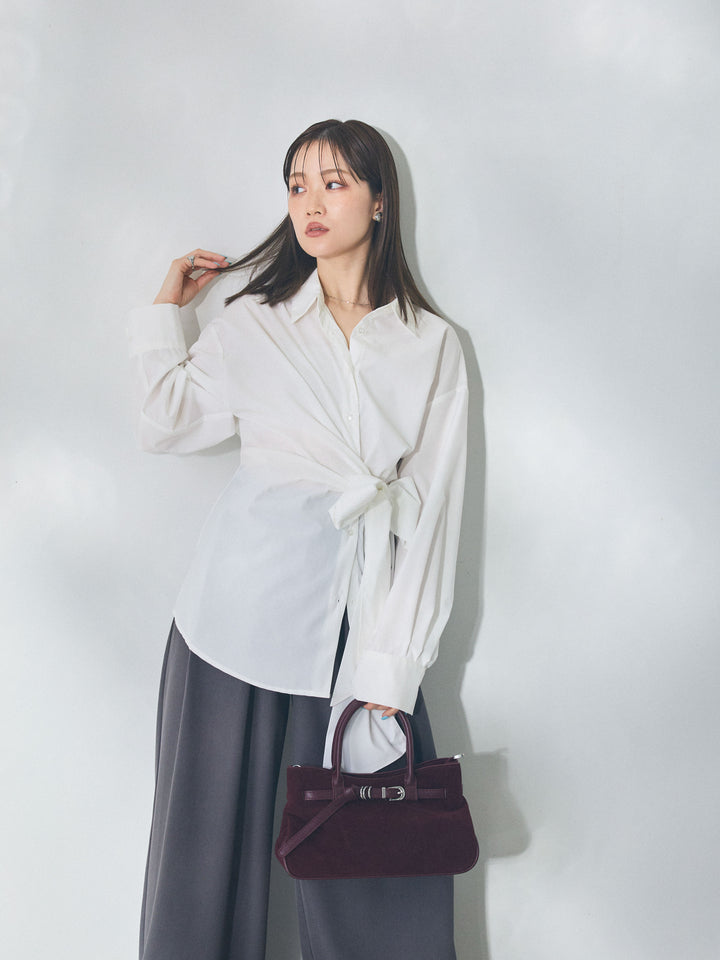 【Allure】[SET]ウエストアシメリボンシャツ+ベルトループデザインワイドパンツ(2set)