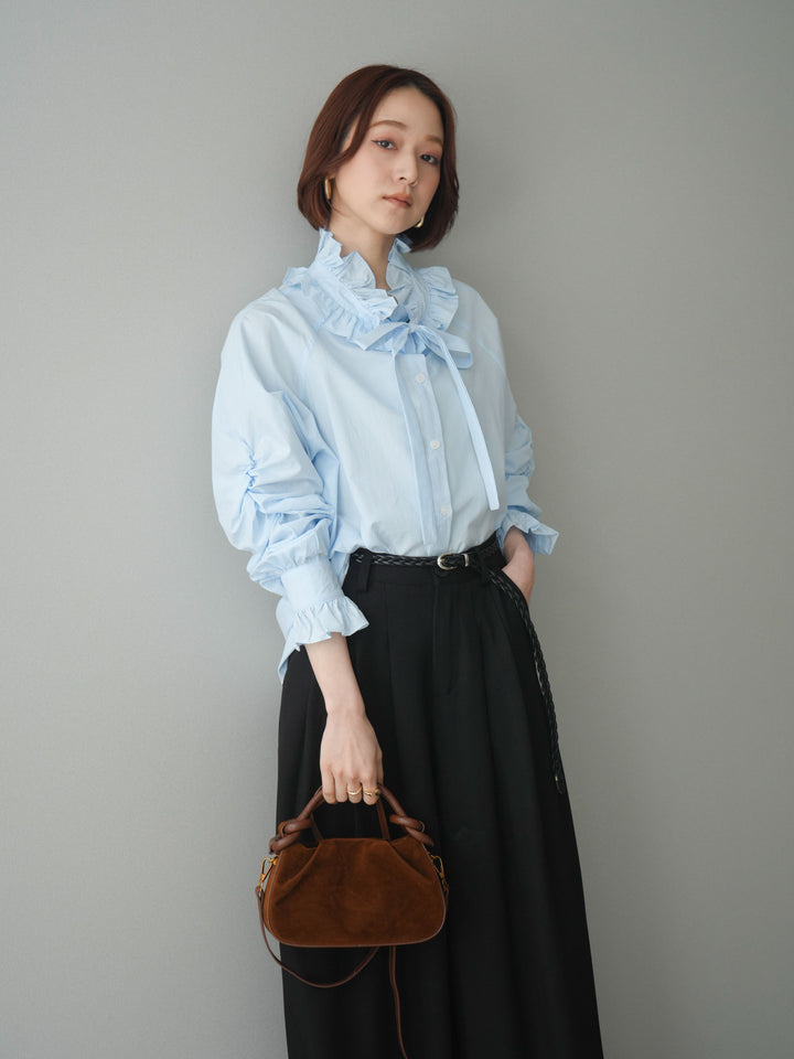 [予約]フリルネックギャザーブラウス/blue
