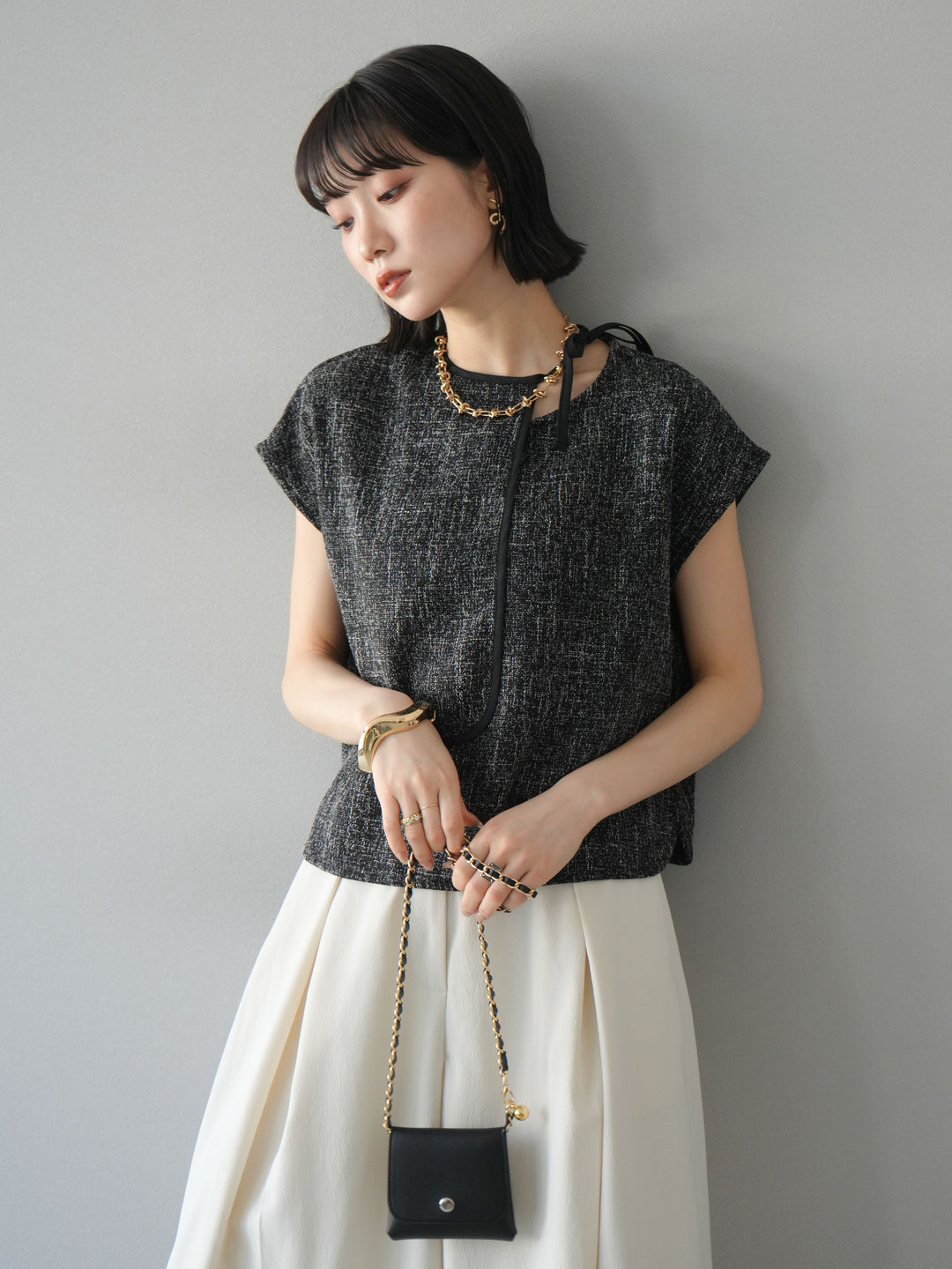 [SET]サマーツイードケープデザインプルオーバー+クレープシフォンタックワイドパンツ(2set)