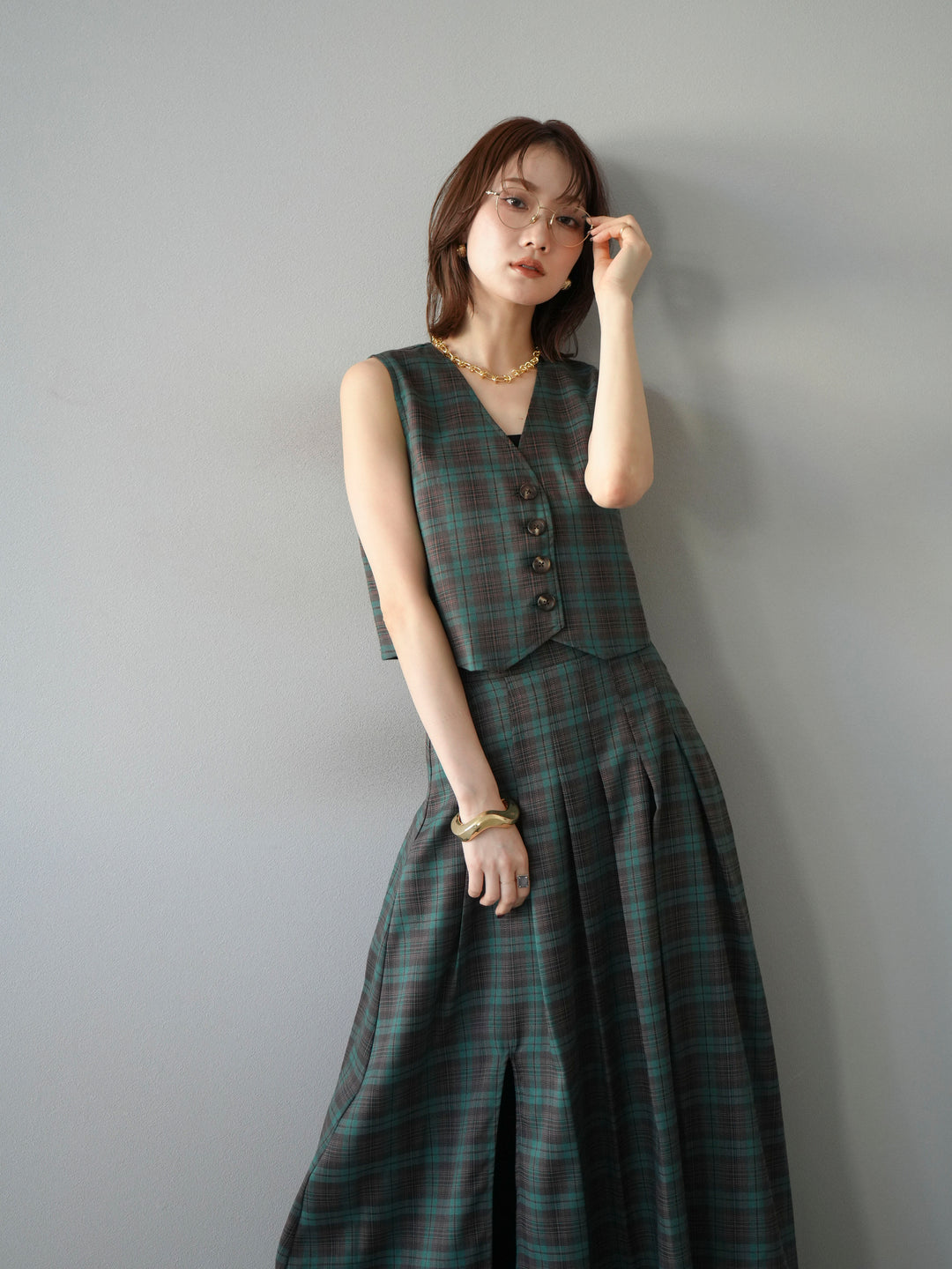 [予約]チェック柄ベスト/グリーン