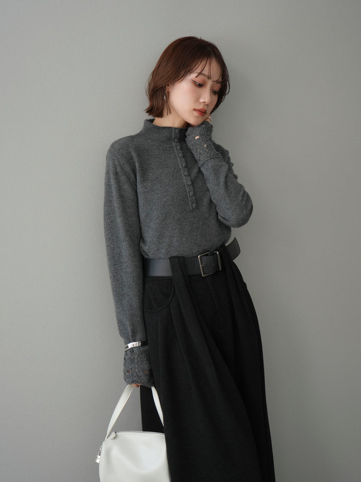 [予約]袖スカラップレースフロントボタンウールニットトップス/gray