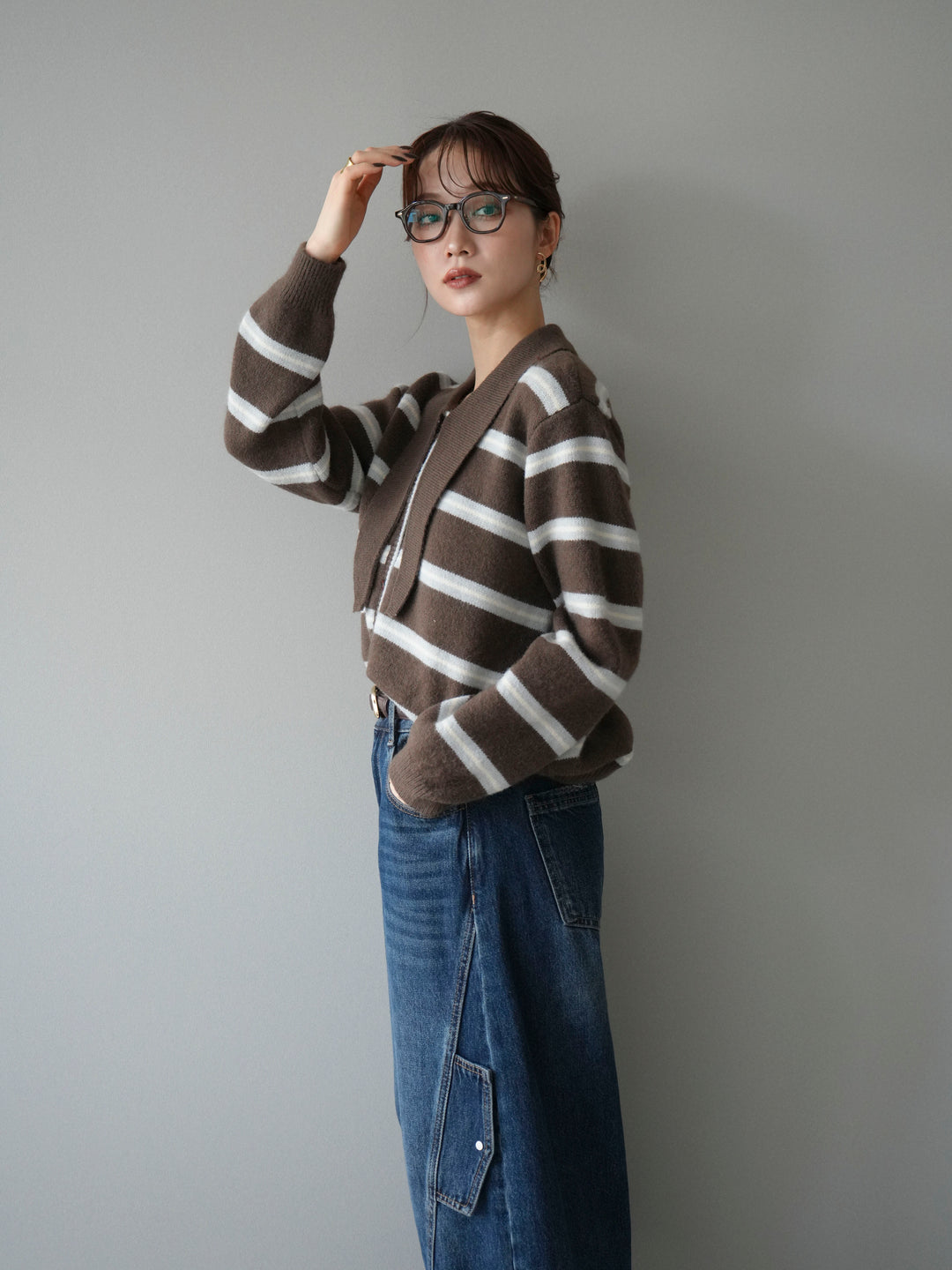 [予約]ボウタイボーダーニットカーディガン/brown