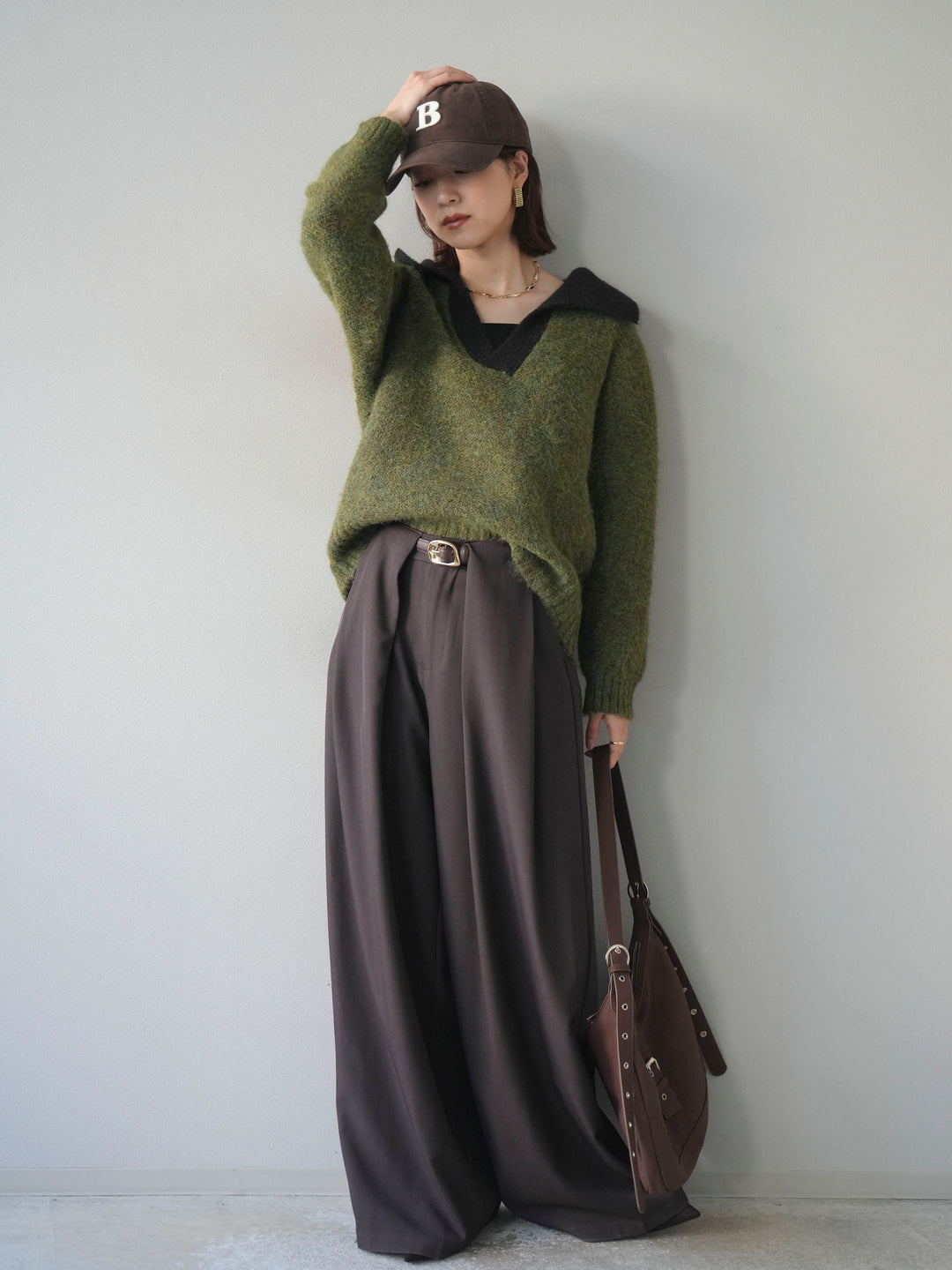 [SET]バイカラー襟付きニットプルオーバー+ベルトループデザインワイドパンツ(2set)