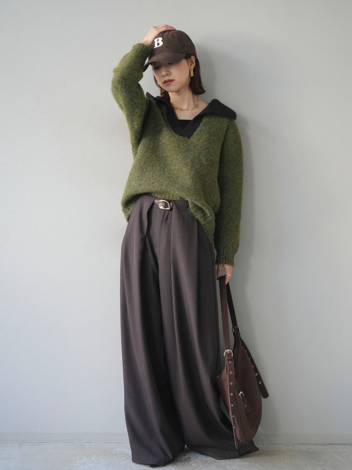 [SET]バイカラー襟付きニットプルオーバー+ベルトループデザインワイドパンツ(2set)