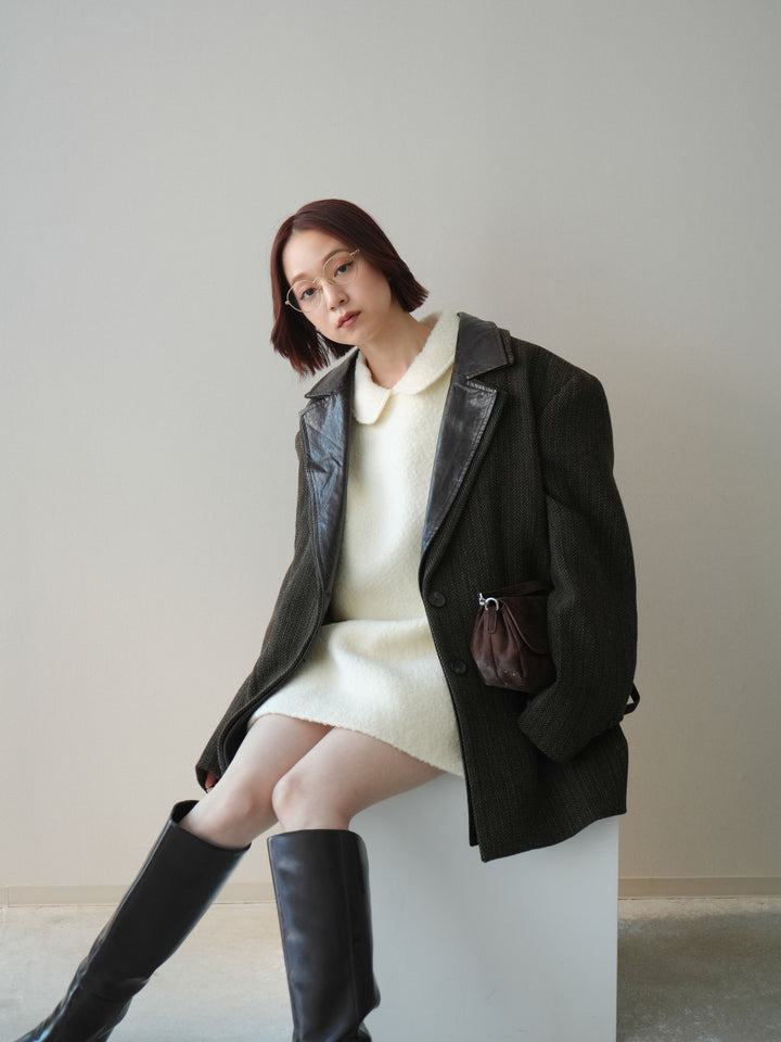 [SET]襟付きブークレミニワンピース+レイヤードデザインツイードテーラードジャケット(2set)