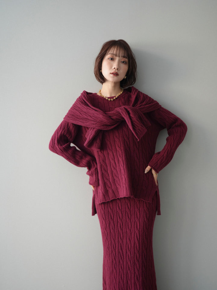 [SET]ストール付ケーブルニットプルオーバー&ロングスカートSET UP+選べるアクセセット(2set)