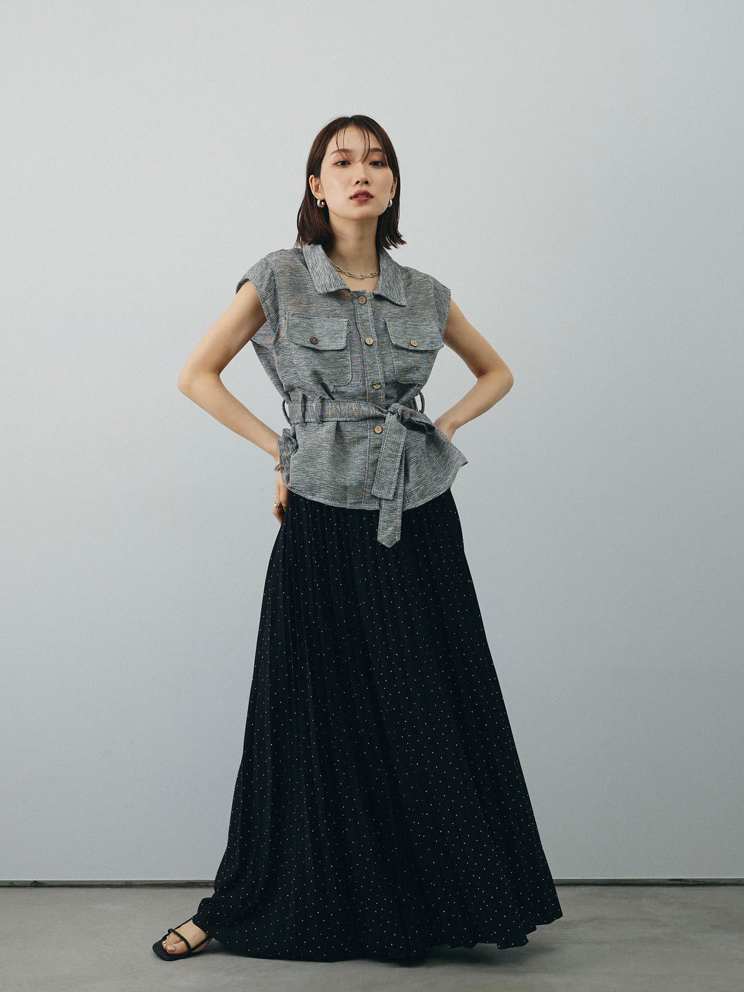 [SET]ミックスヤーンメッシュブラウス+ラインストーンプリーツスカート(2set)