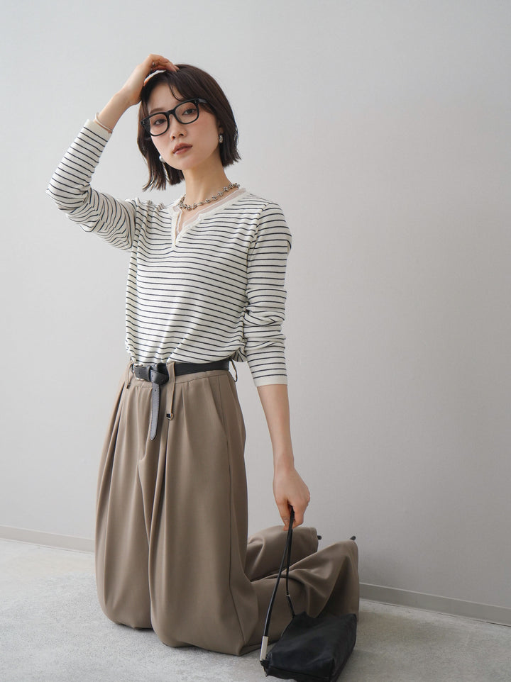 [SET]チュールレイヤードデザインボーダーニットトップス+ベルト付キーホルダーモチーフワイドパンツ(2set)