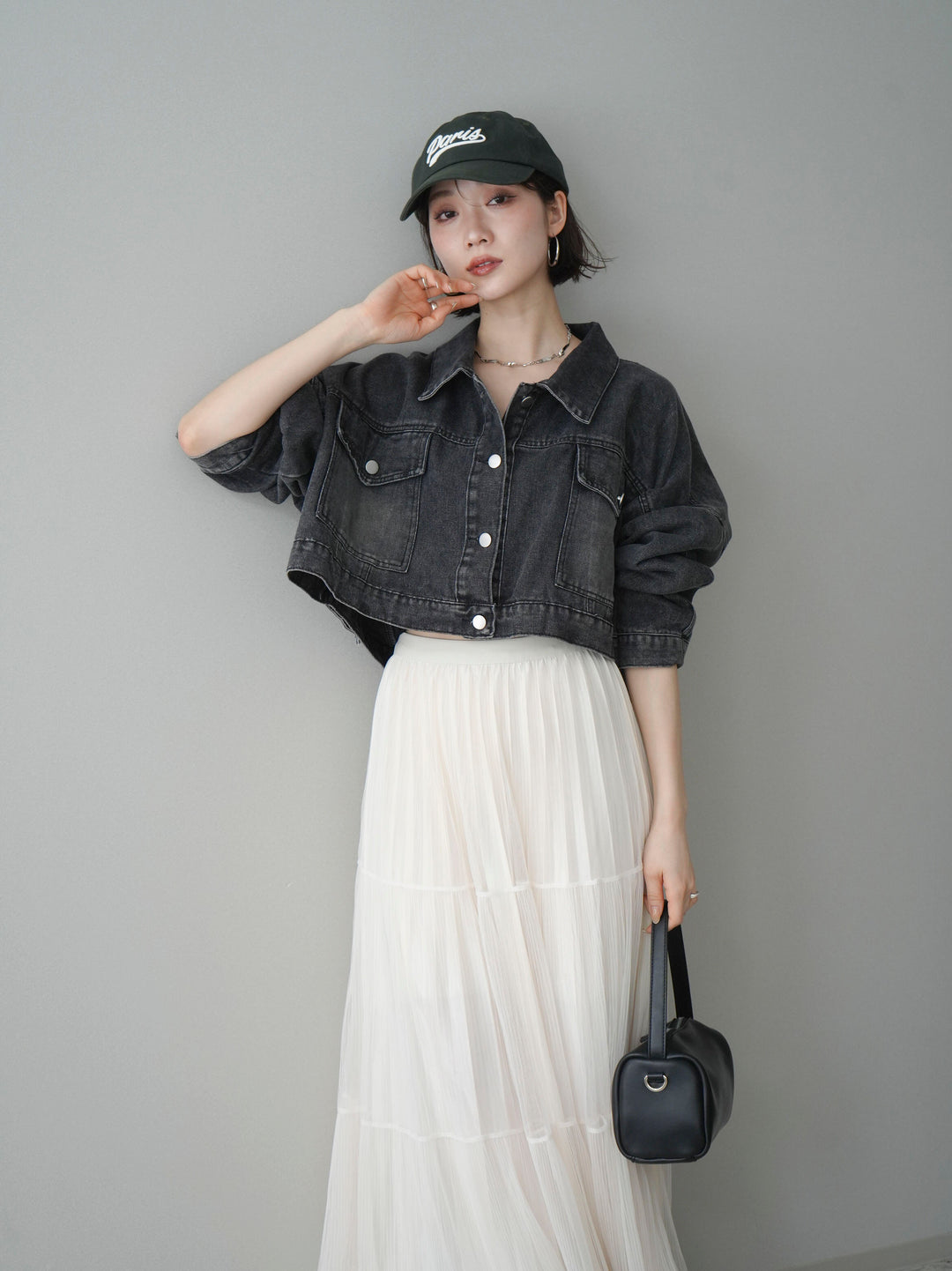 [SET]デニムショートシャツジャケット+ラメプリーツレイヤードチュールロングスカート(2set)