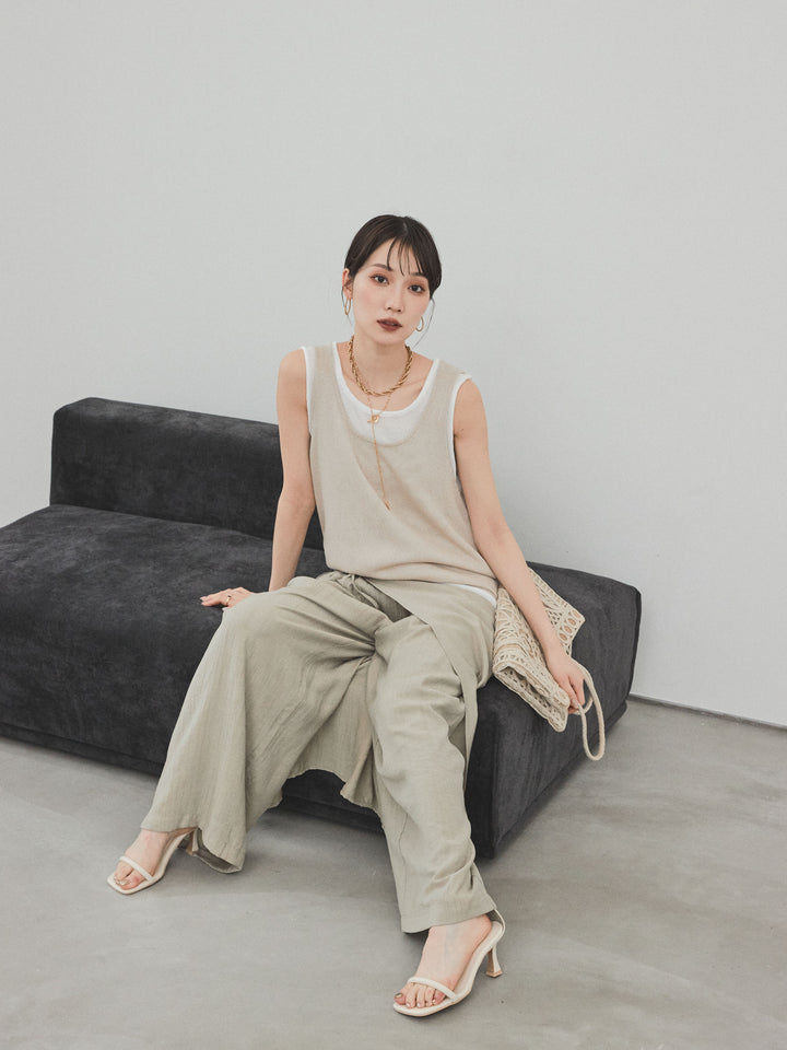 [SET]バイカラーレイヤードニットタンクトップ+ワッシャーサテンレイヤードスカートパンツ(2set)