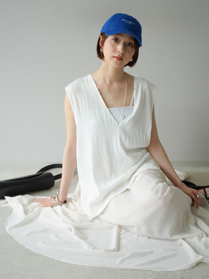 [SET]ウェーブパイピングVネックベスト+シフォンフレアスカート(2set)