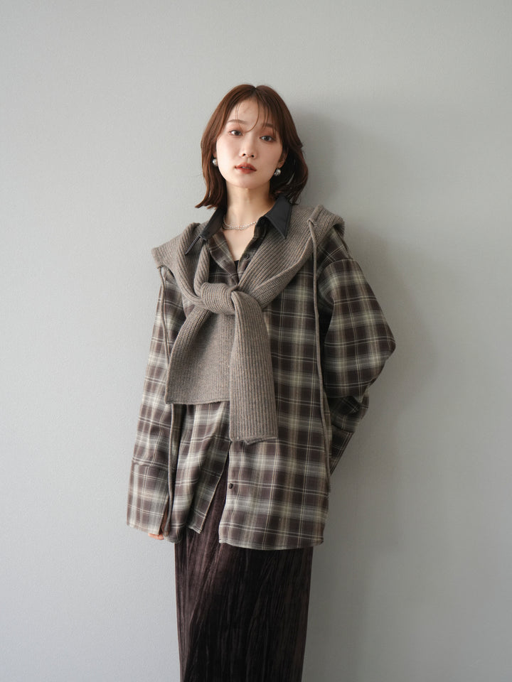 [SET]レザー襟オンブレチェックオーバーシャツ +クラッシュベロアナロースカート(2set)