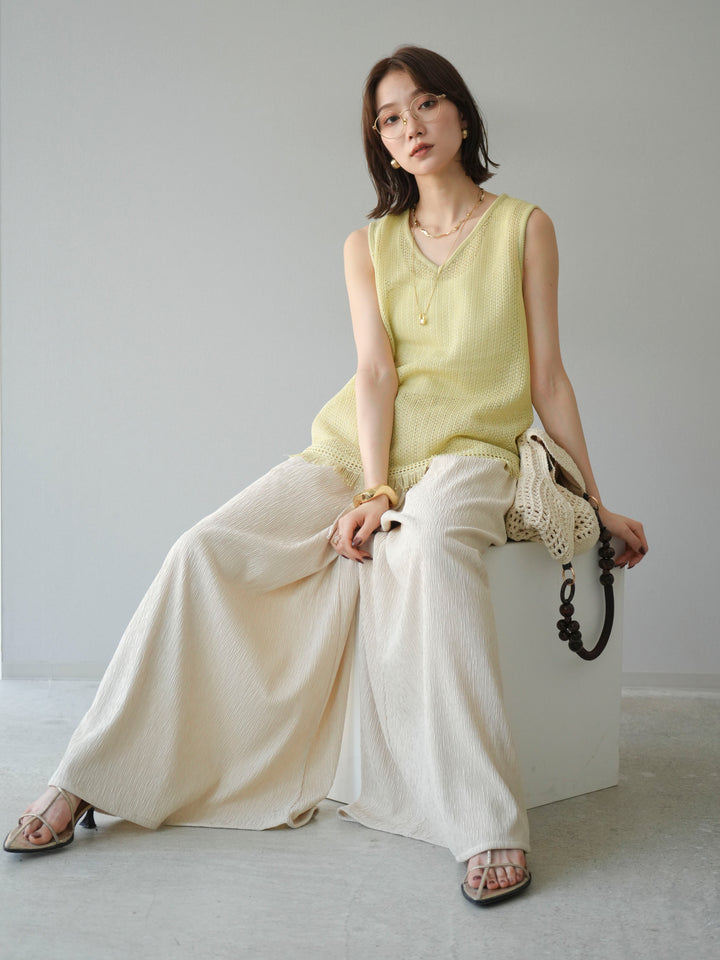 [予約]裾フリンジVネックニットタンクトップアンサンブル/イエロー