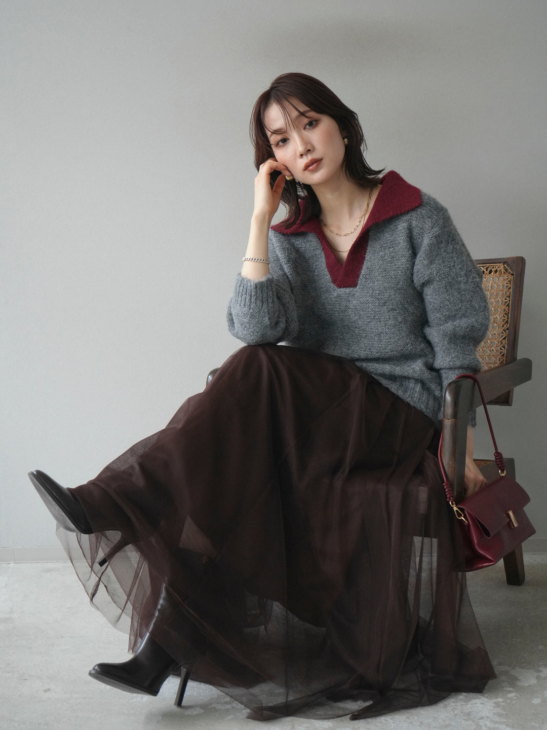 [予約]バイカラー襟付きニットプルオーバー/gray