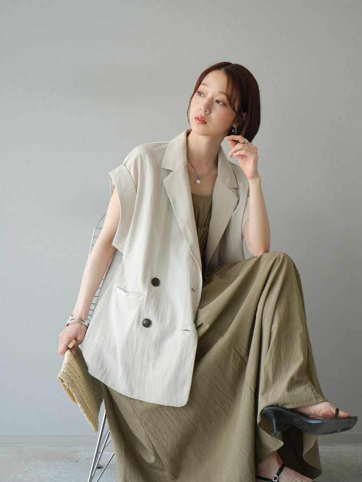 [SET]レーヨンシャーリングキャミワンピース+リネンライクノースリーブダブルジレ(2set)