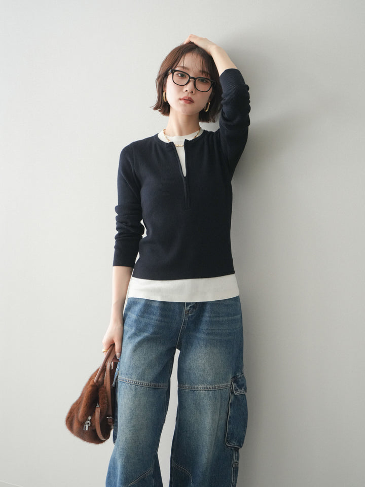 [予約]フロントジップ配色レイヤードニットトップス/navy