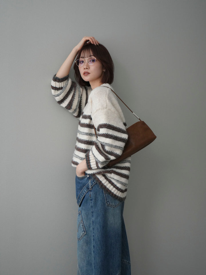 [SET]ステッチボーダーニットプルオーバー+ペインターカーブデニムパンツ(2set)