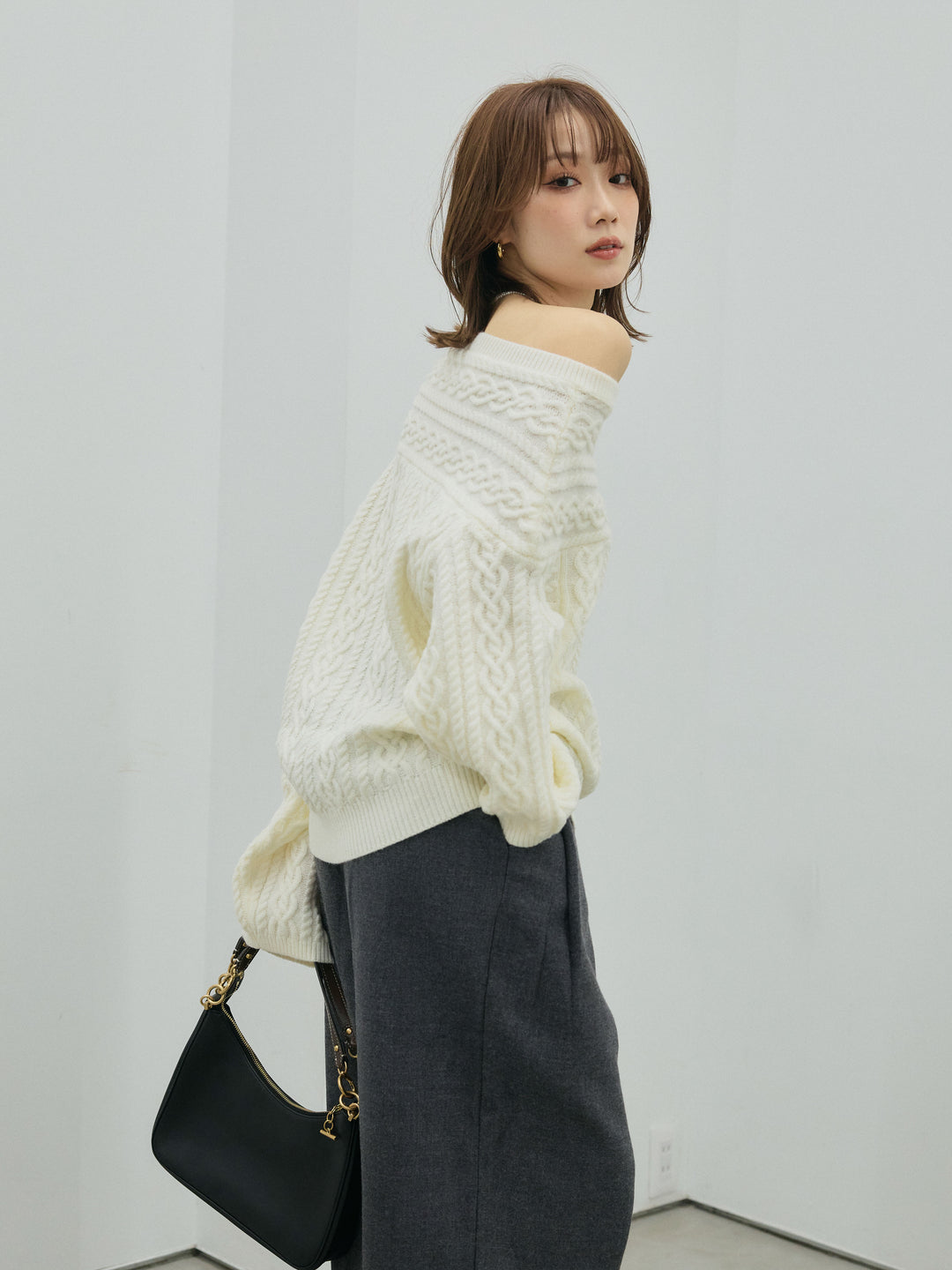 【Allure】[SET]ケーブルワンショルニットプルオーバー+ループデザインツイルワイドパンツ(2set)