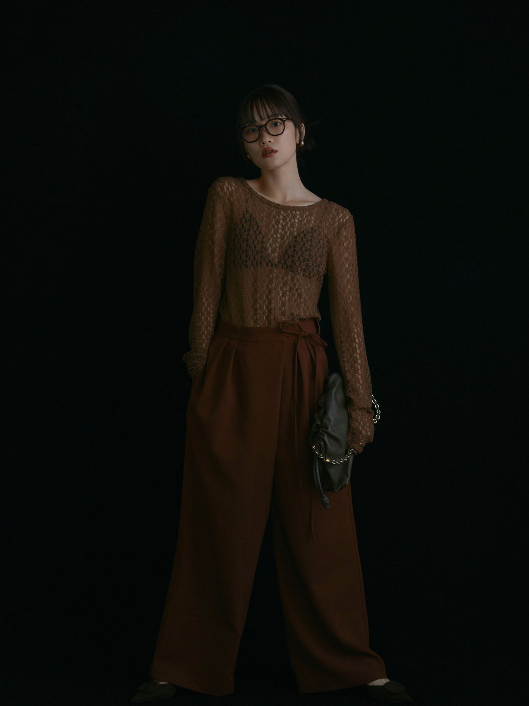 【Allure】[SET]バックラウンドレーストップス+ラップデザインタックワイドパンツ(2set)