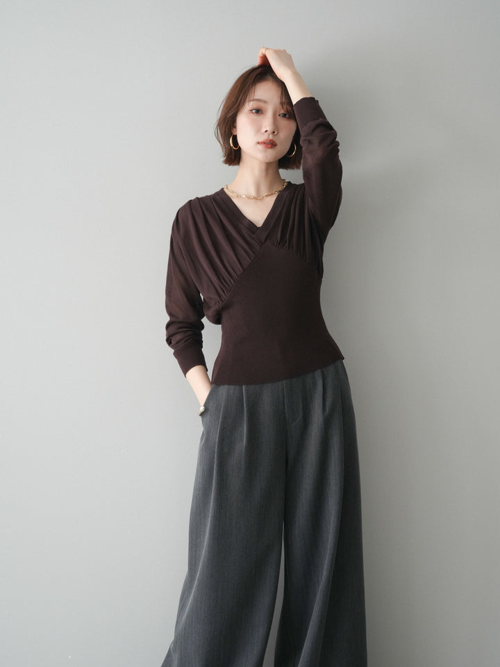 [予約]サイドギャザーVネックニットプルオーバー/brown