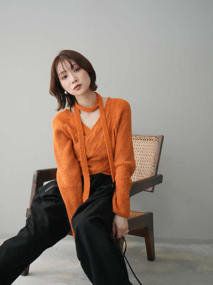 [予約]ケーブル編みクロスニットトップス/orange