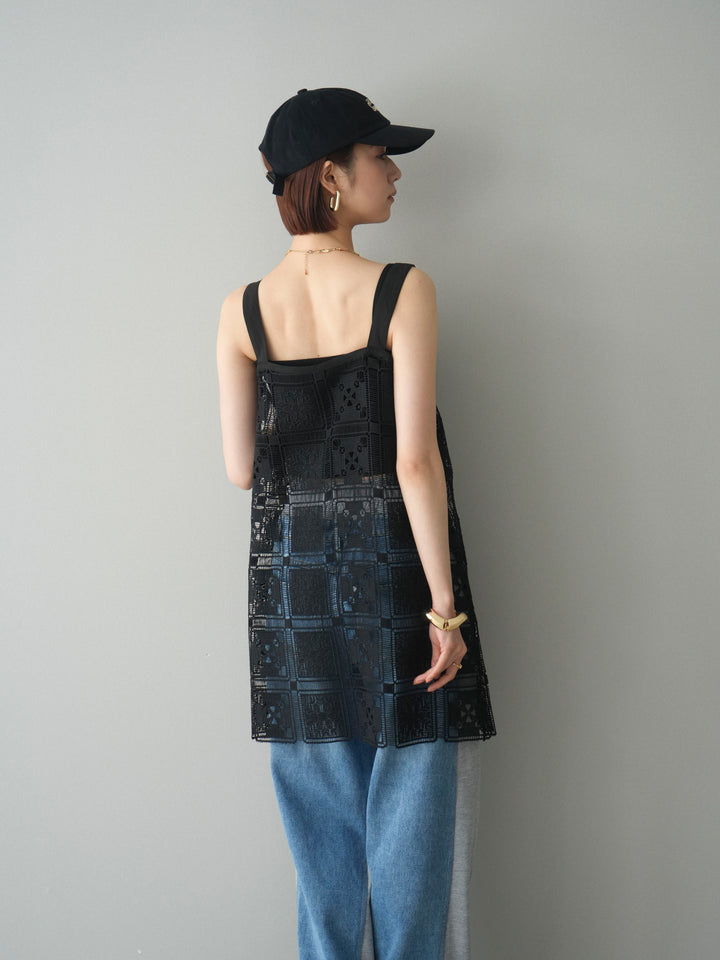 [SET]配色パネルレースキャミソール+デニム切替スウェットパンツ(2set)