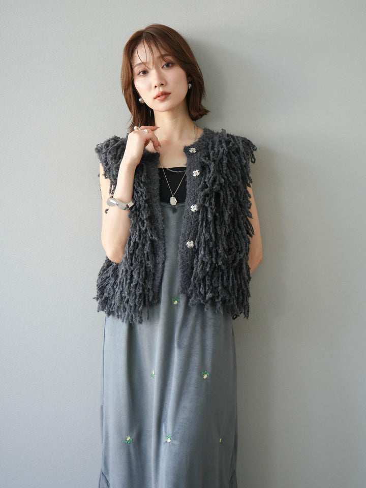 [予約]フラワー刺繍ベロアキャミワンピース/グレー
