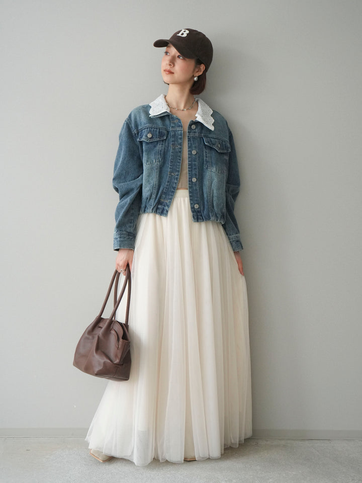 [予約]襟レースデニムショートジャケット/indigo