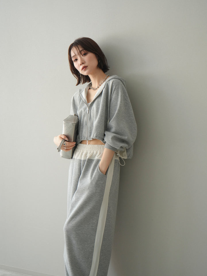 [予約]バイカラー異素材ライトポンチクロップドZIPフーディー/gray