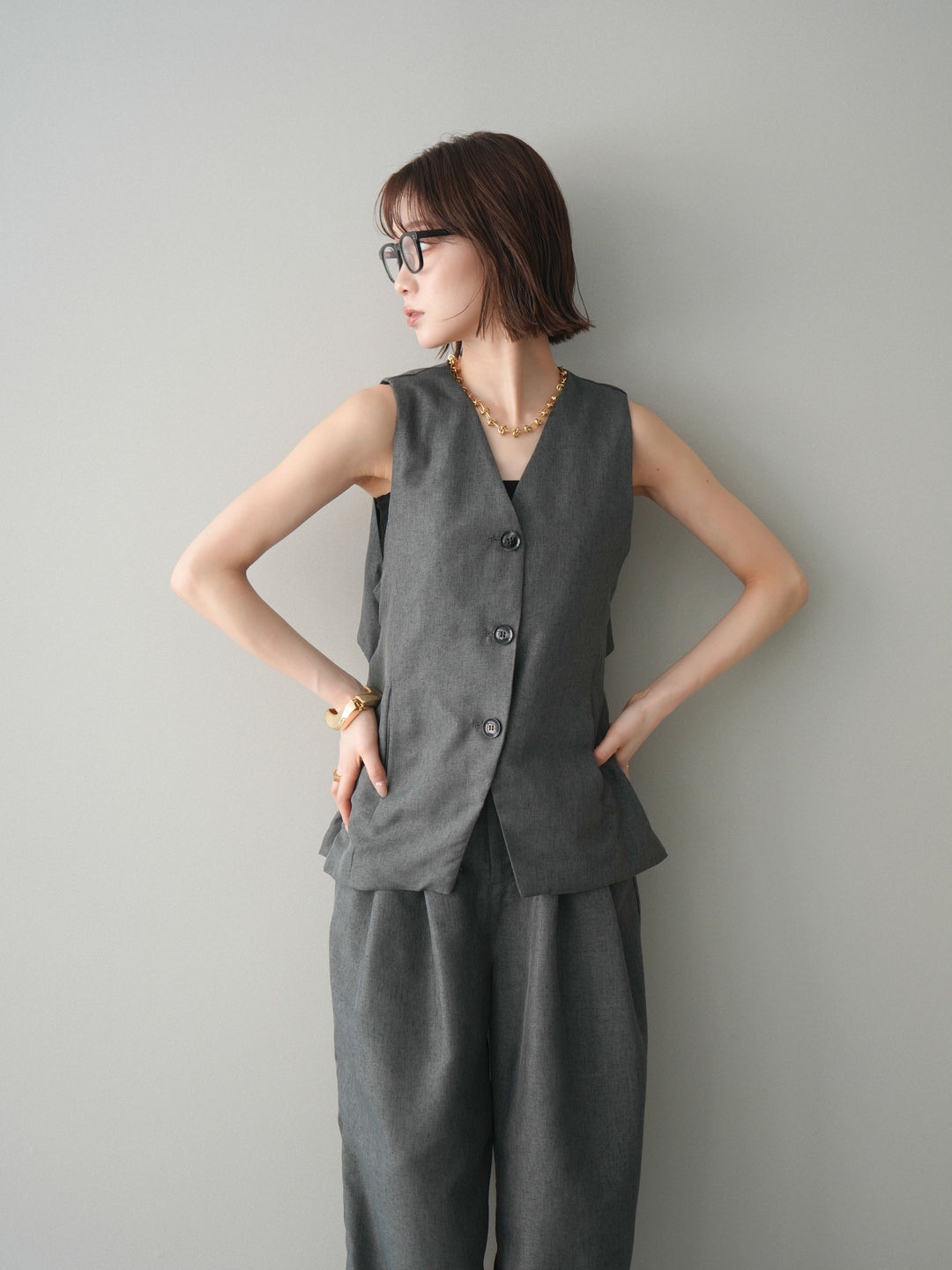 [SET]リネンライクバックオープンジレ+リネンライクタックワイドパンツ(2set)