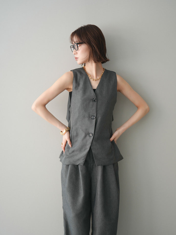 [SET]リネンライクバックオープンジレ+リネンライクタックワイドパンツ(2set)