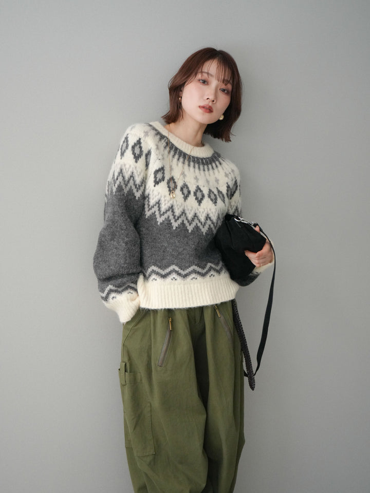 [予約]ノルディック柄ニットプルオーバー/gray