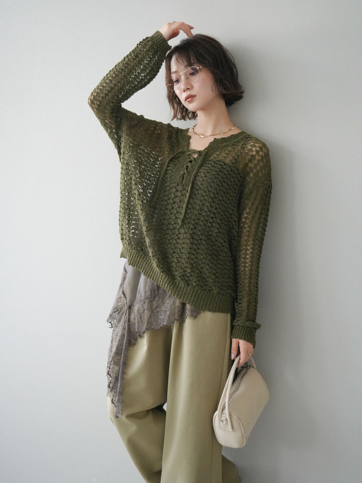 [予約]パネルメッシュニットトップス/khaki