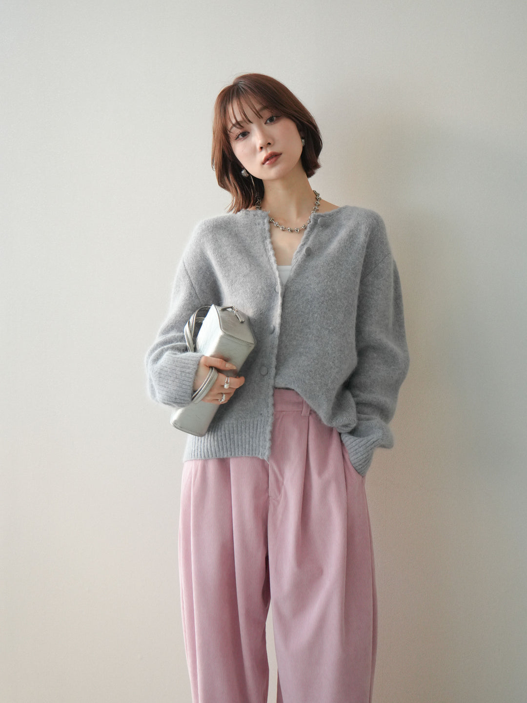 [SET]くるみボタンニットカーディガン+コーデュロイサイドタックコクーンパンツ(2set)