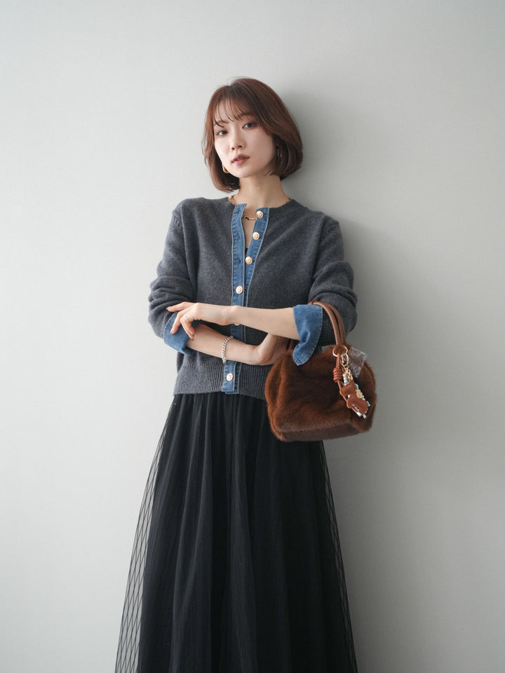 [SET]クルーネックデニムドッキングニットカーディガン+選べるアクセセット(2set)